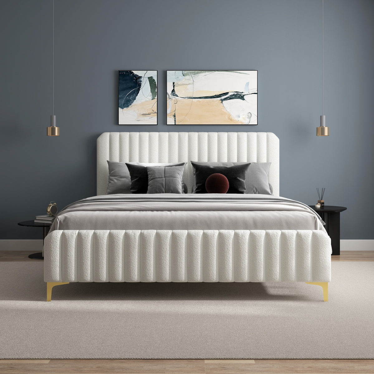 Angela Cream Boucle Upholstered Platform Bed - King Size | MidinMod