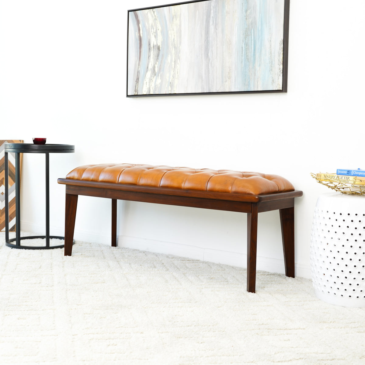 Arlington Tan Leather Bench w/Buttons - MidinMod