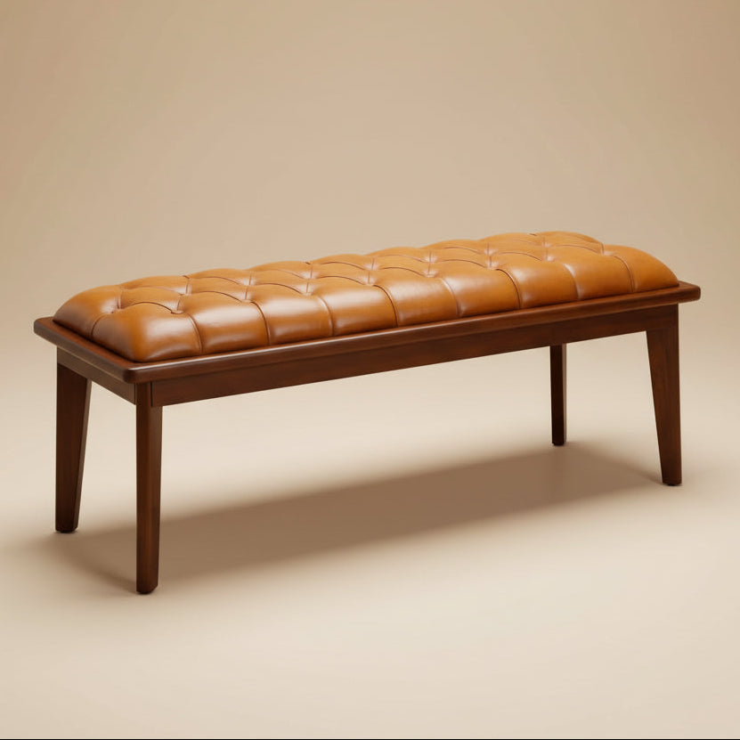 Arlington Tan Leather Bench w/Buttons
