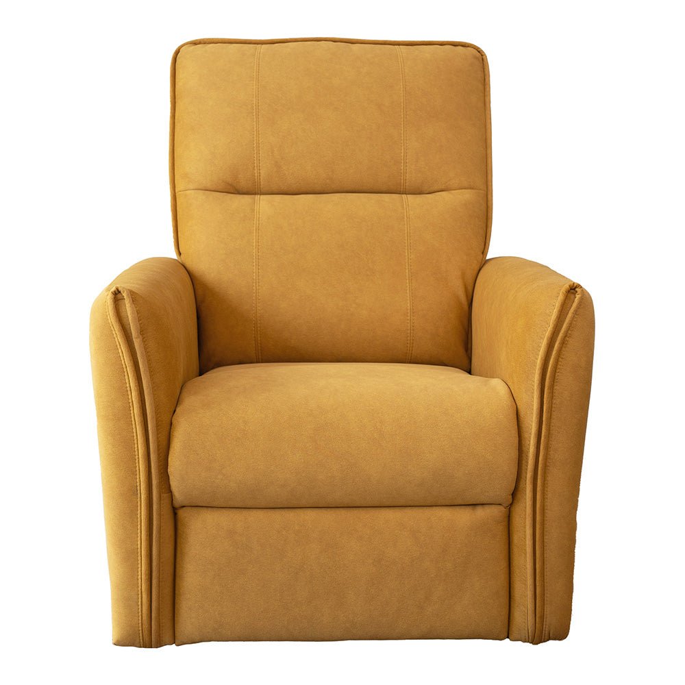 Close front crop of the yellow suede lounge chair, showing stitched seams, arms and cushion