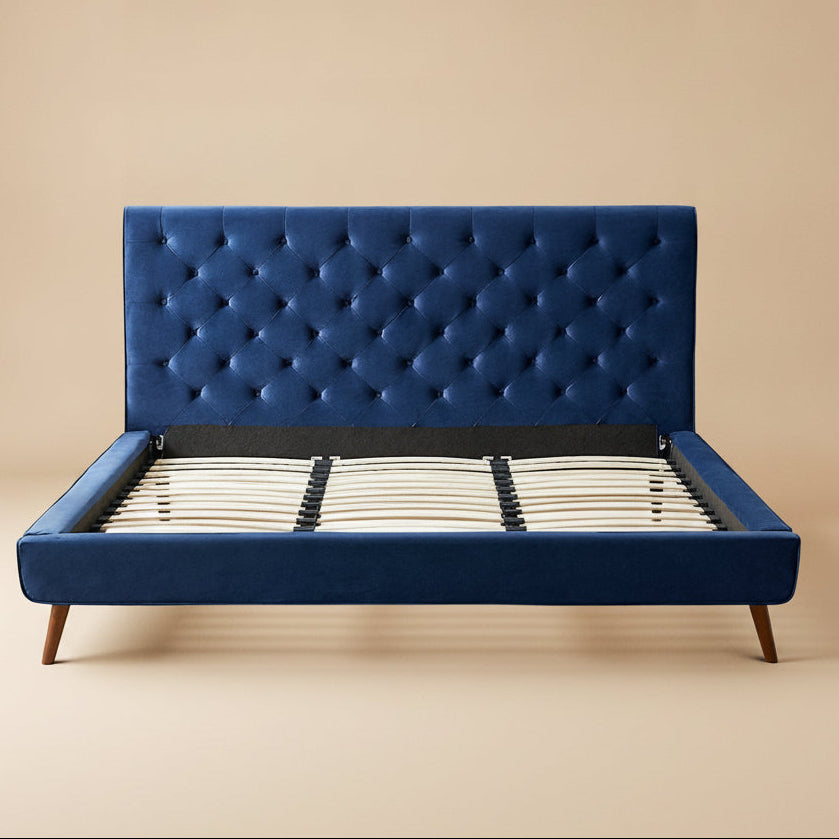 Ashley King Navy Blue Velvet Platform Bed - MidinMod