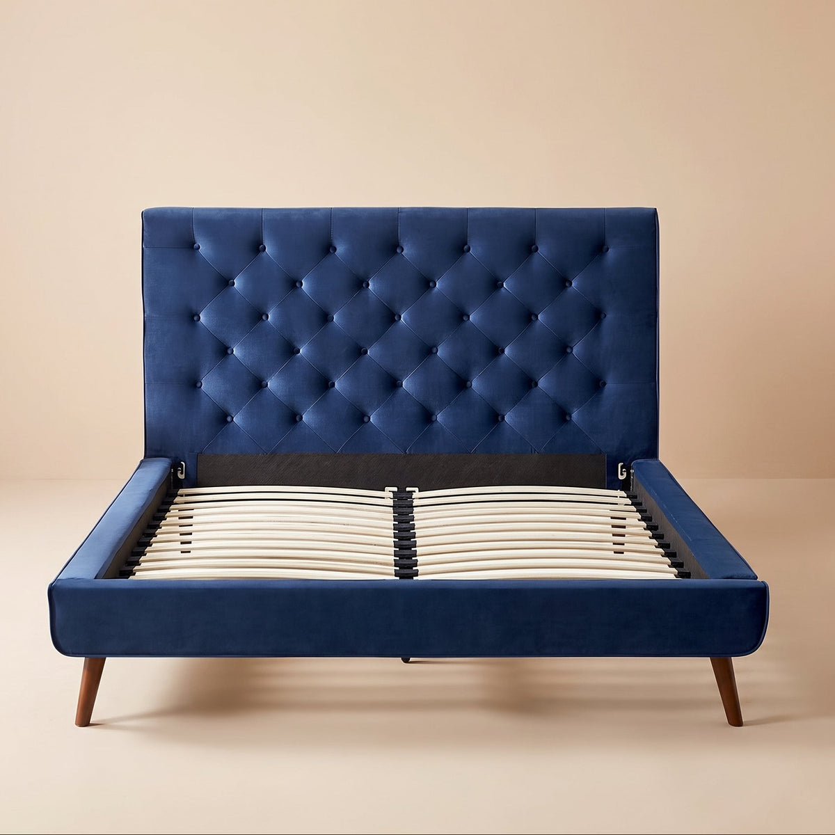 Ashley Queen Navy Blue Velvet Platform Bed - MidinMod