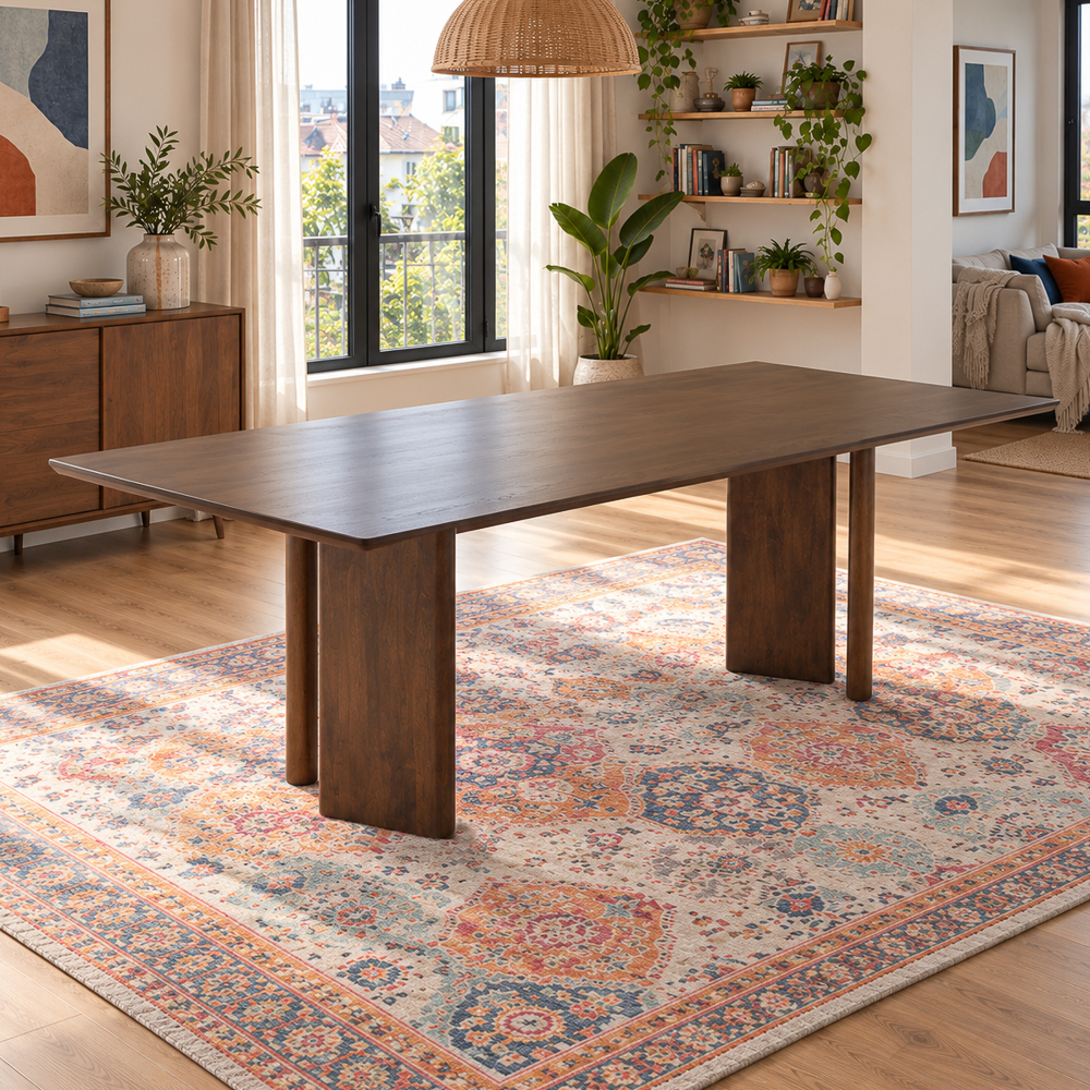 Walnut-toned rectangular dining table with flat panel legs, cross view angle