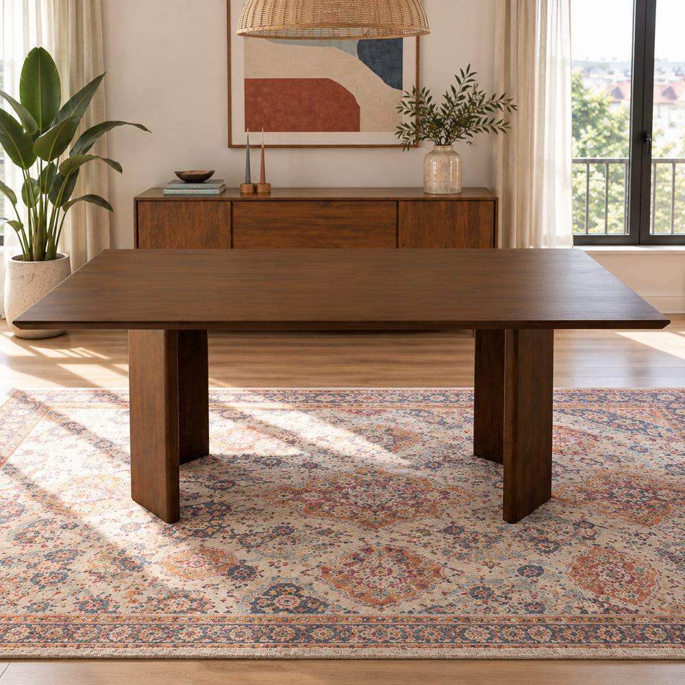Walnut-toned rectangular dining table with flat panel legs, direct pure phostoshot