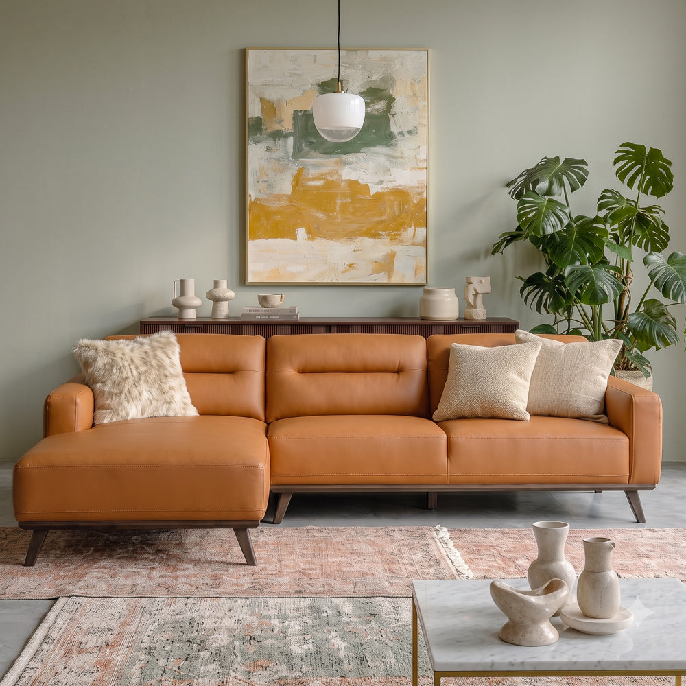 Baltic Sectional Left Cognac Vegan Leather Sofa | MidinMod