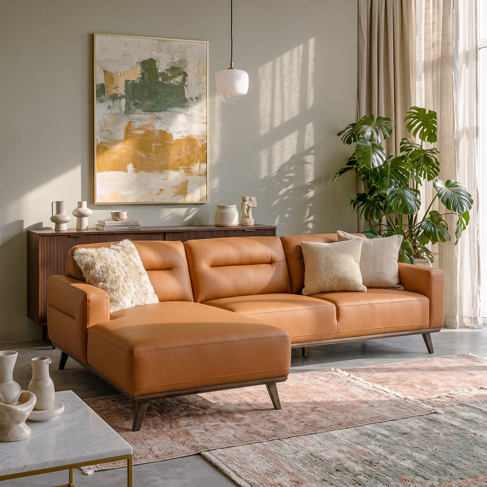 Baltic Sectional Left Cognac Vegan Leather Sofa | MidinMod