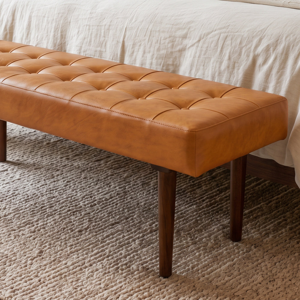 Banten Tan Leather Bench | Mid-Century Modern Tufted Genuine Leather Seating | MidinMod