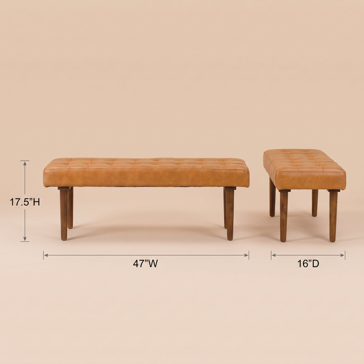 Banten Tan Leather Bench | Mid-Century Modern Tufted Genuine Leather Seating | MidinMod