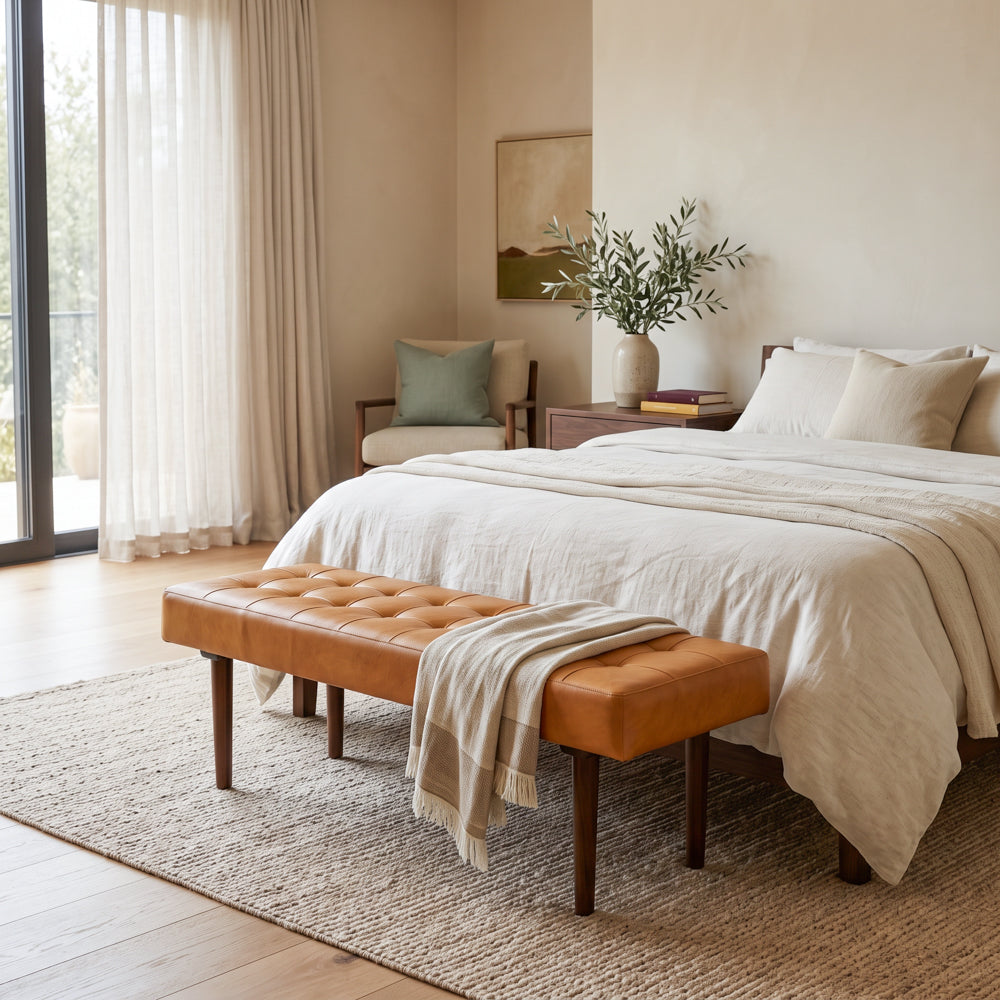 Banten Tan Leather Bench | Mid-Century Modern Tufted Genuine Leather Seating | MidinMod