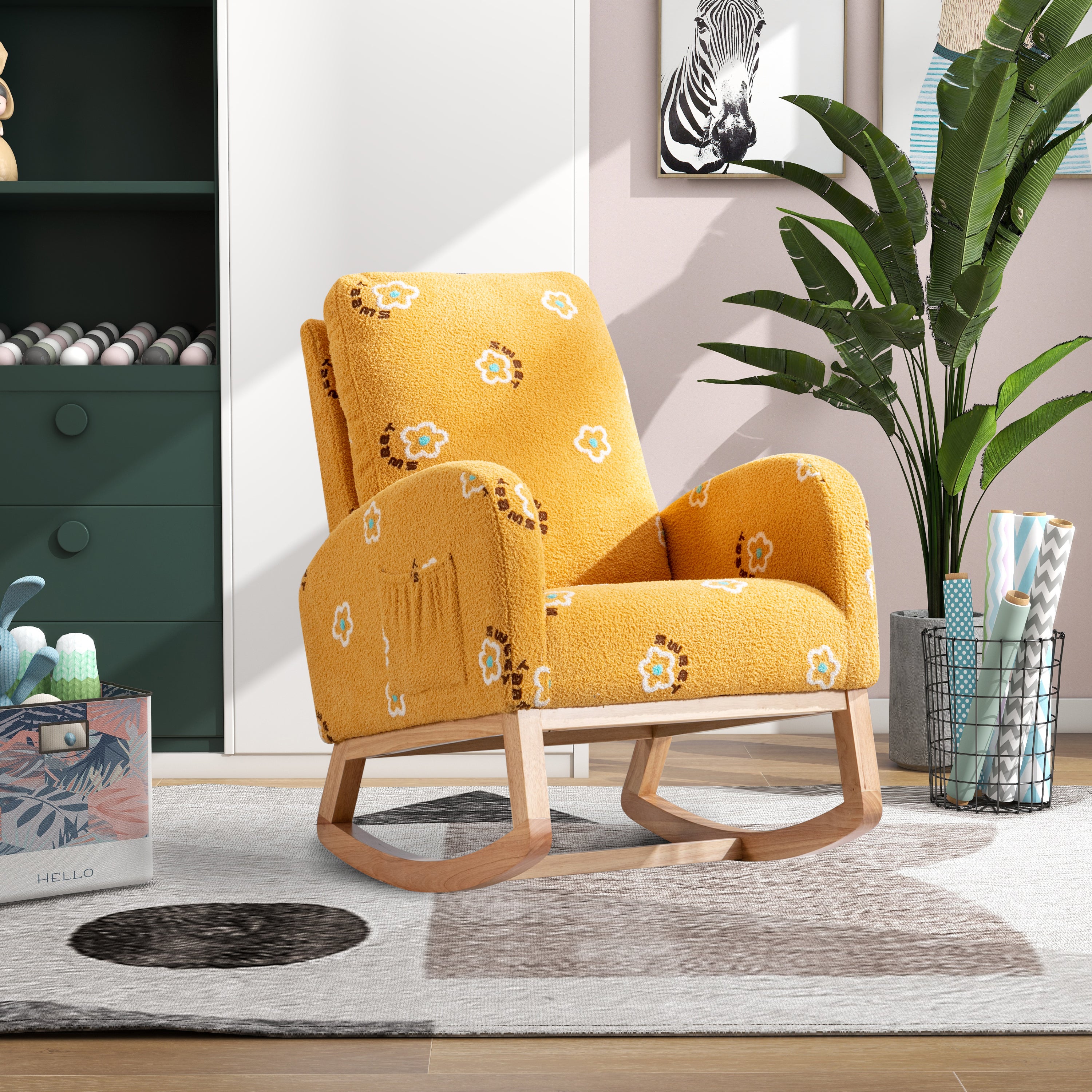Begon Modern Mustard Boucle Rocking Nursery Chair with Side Pockets - MidinMod