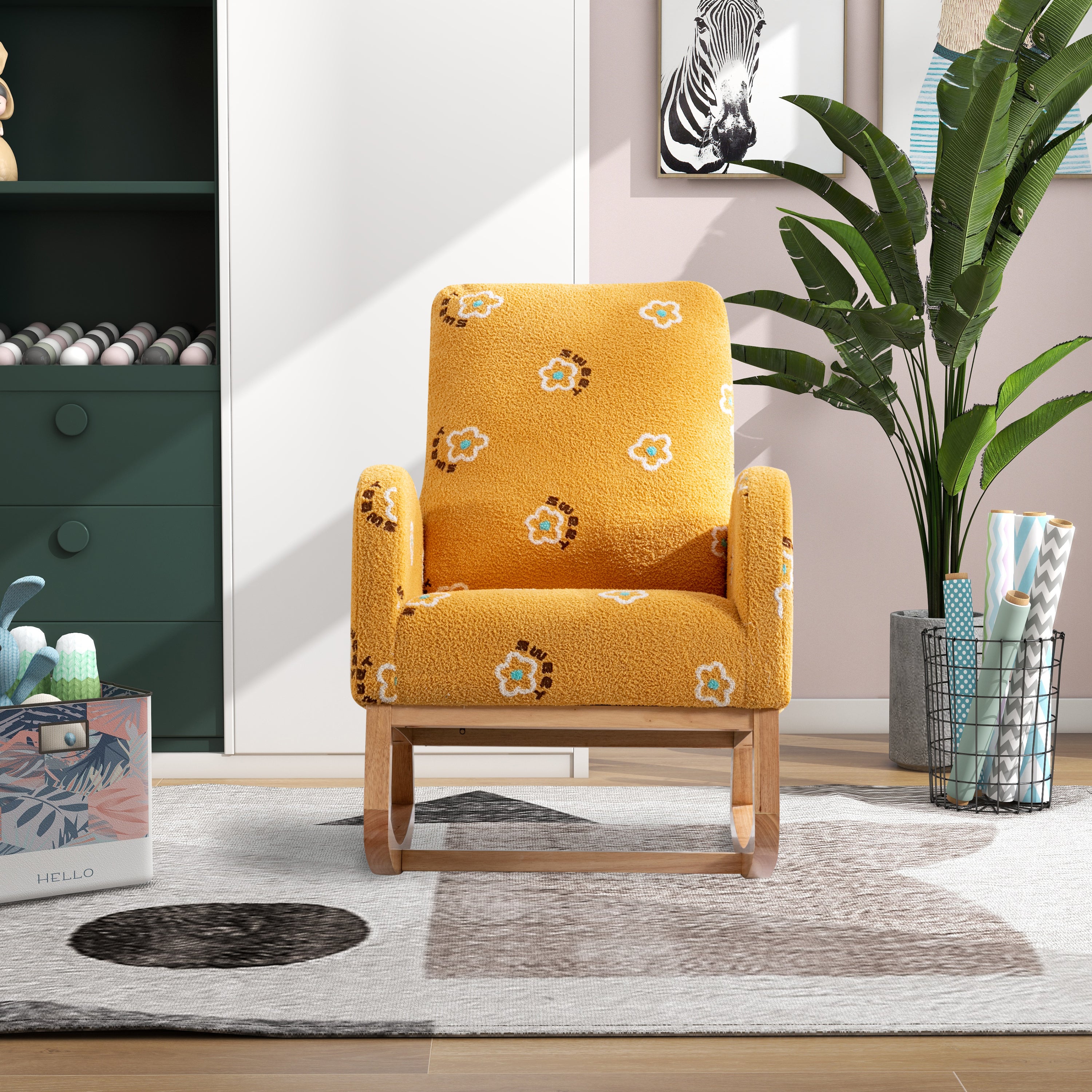 Begon Modern Mustard Boucle Rocking Nursery Chair with Side Pockets - MidinMod