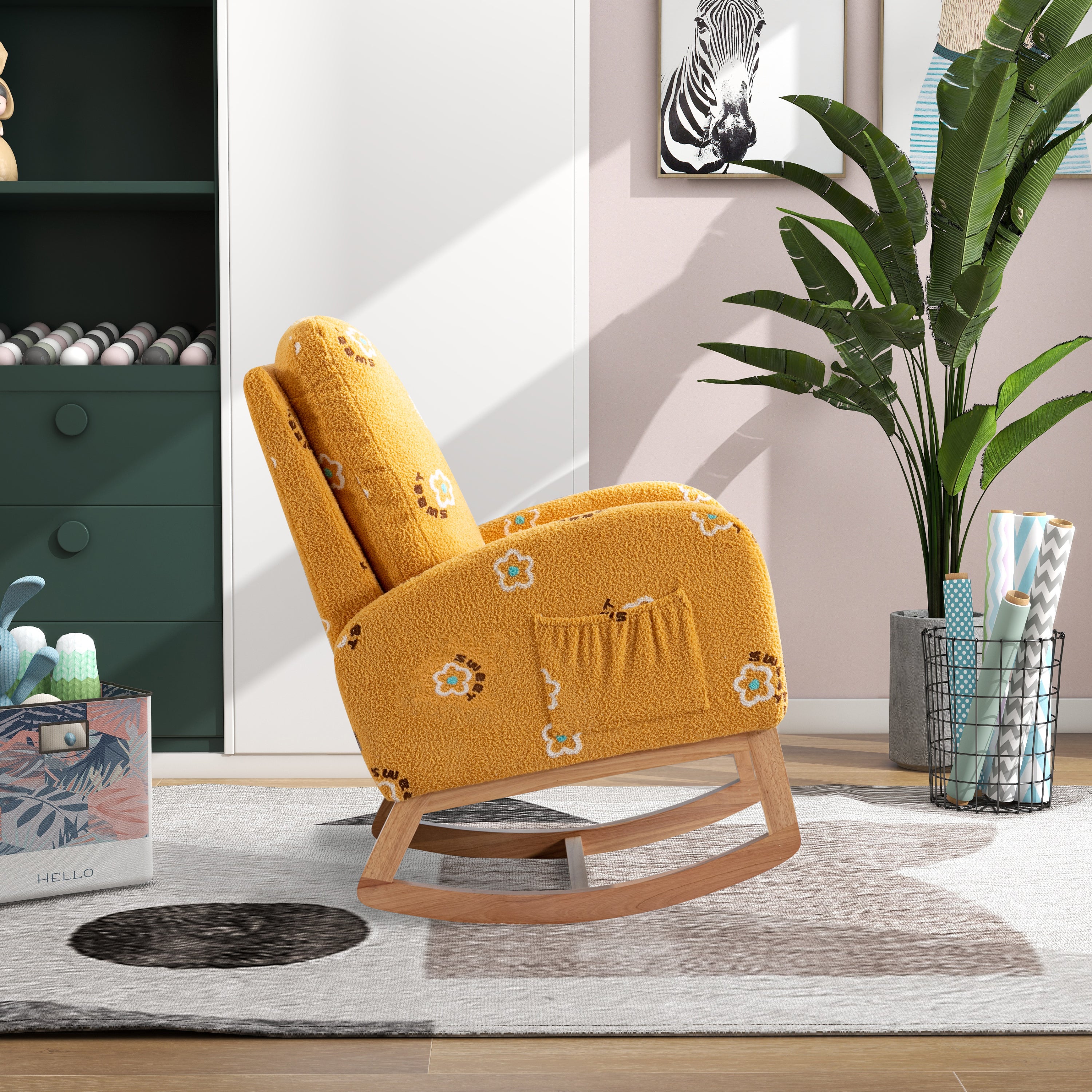 Begon Modern Mustard Boucle Rocking Nursery Chair with Side Pockets - MidinMod