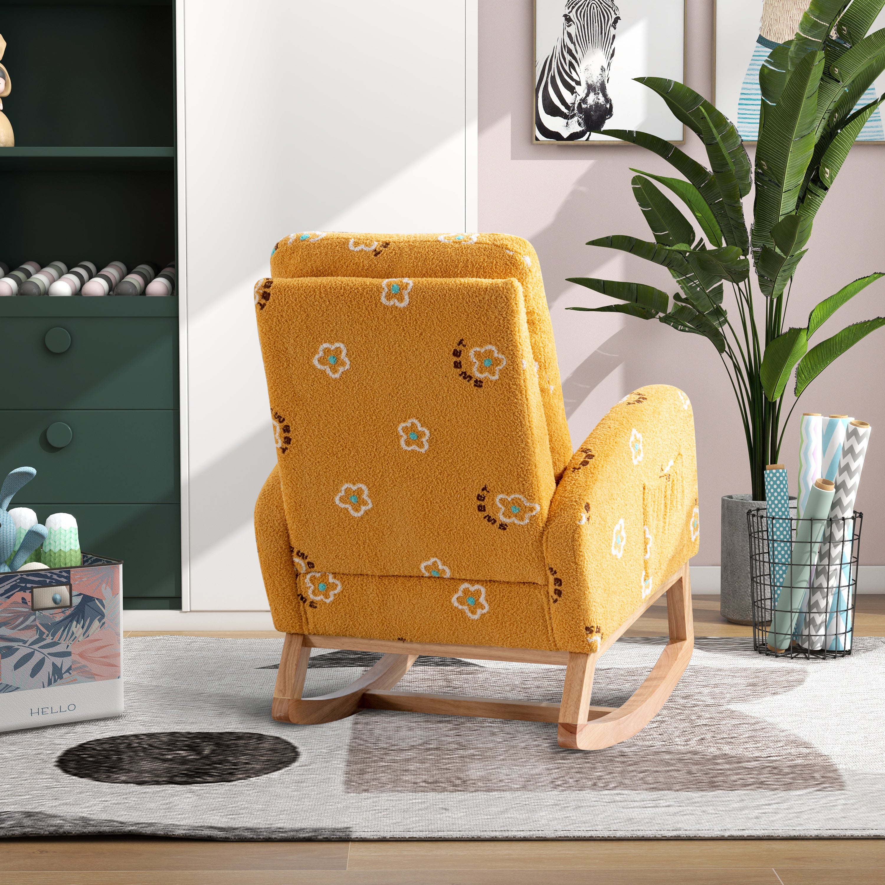 Begon Modern Mustard Boucle Rocking Nursery Chair with Side Pockets - MidinMod