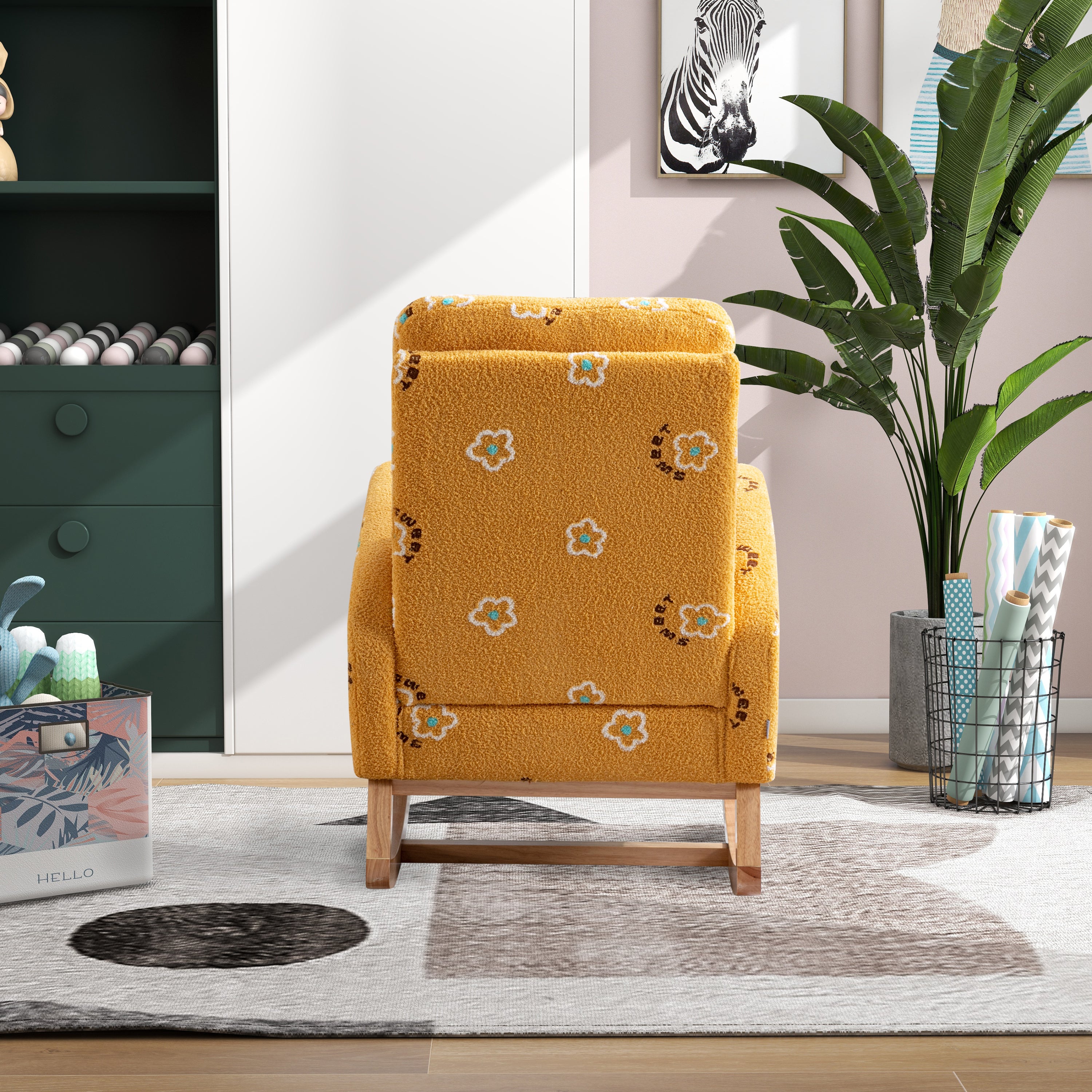 Begon Modern Mustard Boucle Rocking Nursery Chair with Side Pockets - MidinMod