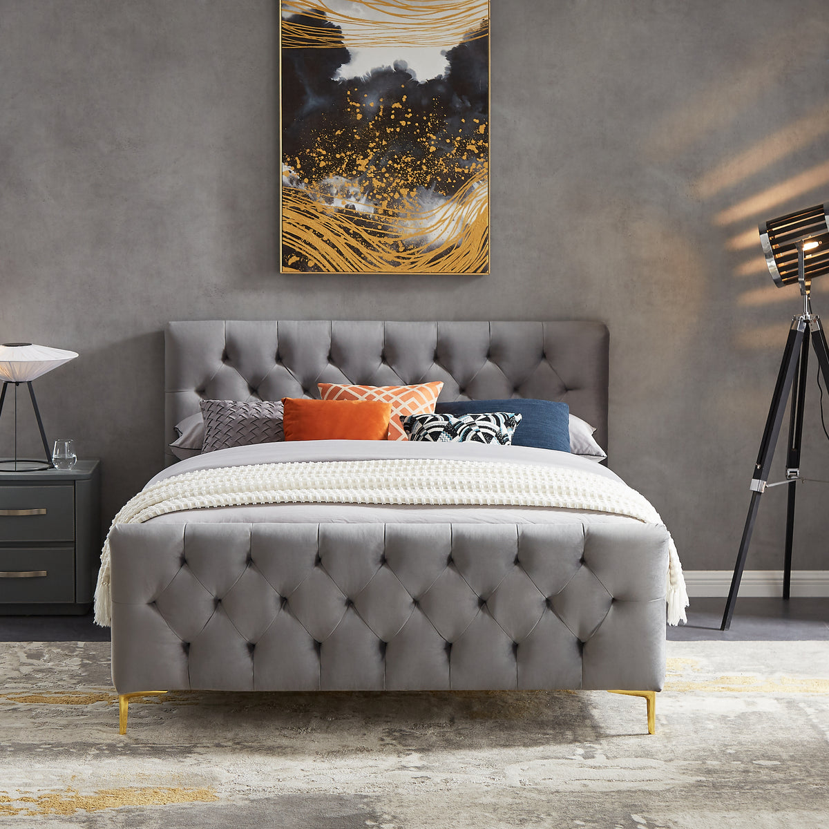 Beverly Dark Grey Velvet Upholstered Queen Bed | MidinMod