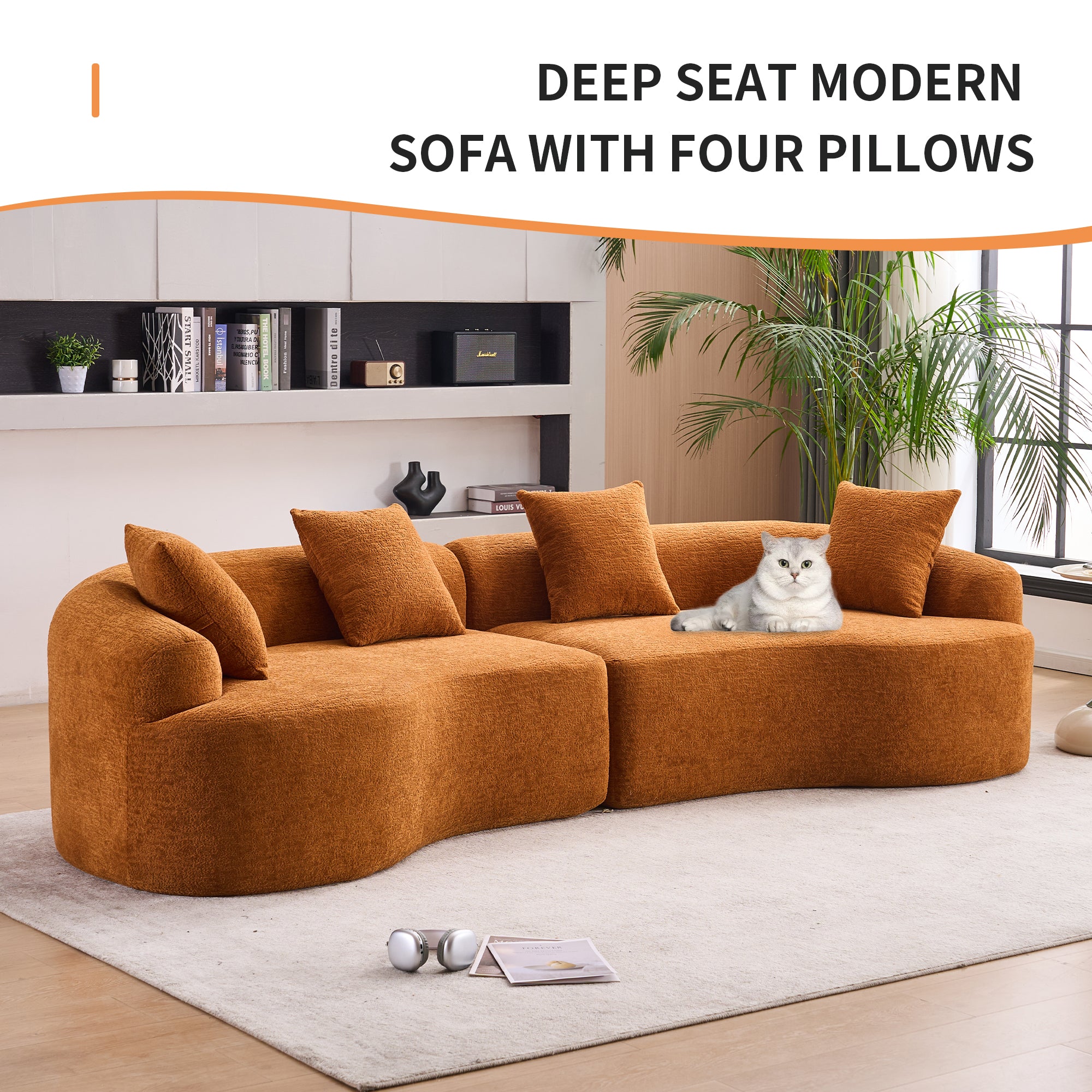 Branch Modern 110'' Curved Orange Sofa with All-Foam Construction - MidinMod