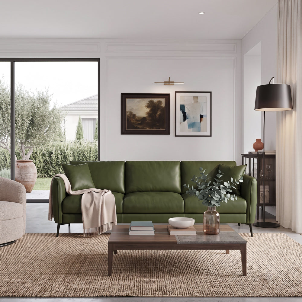 Brompton Mid-Century Modern Green Top-Grain Leather Sofa | MidinMod
