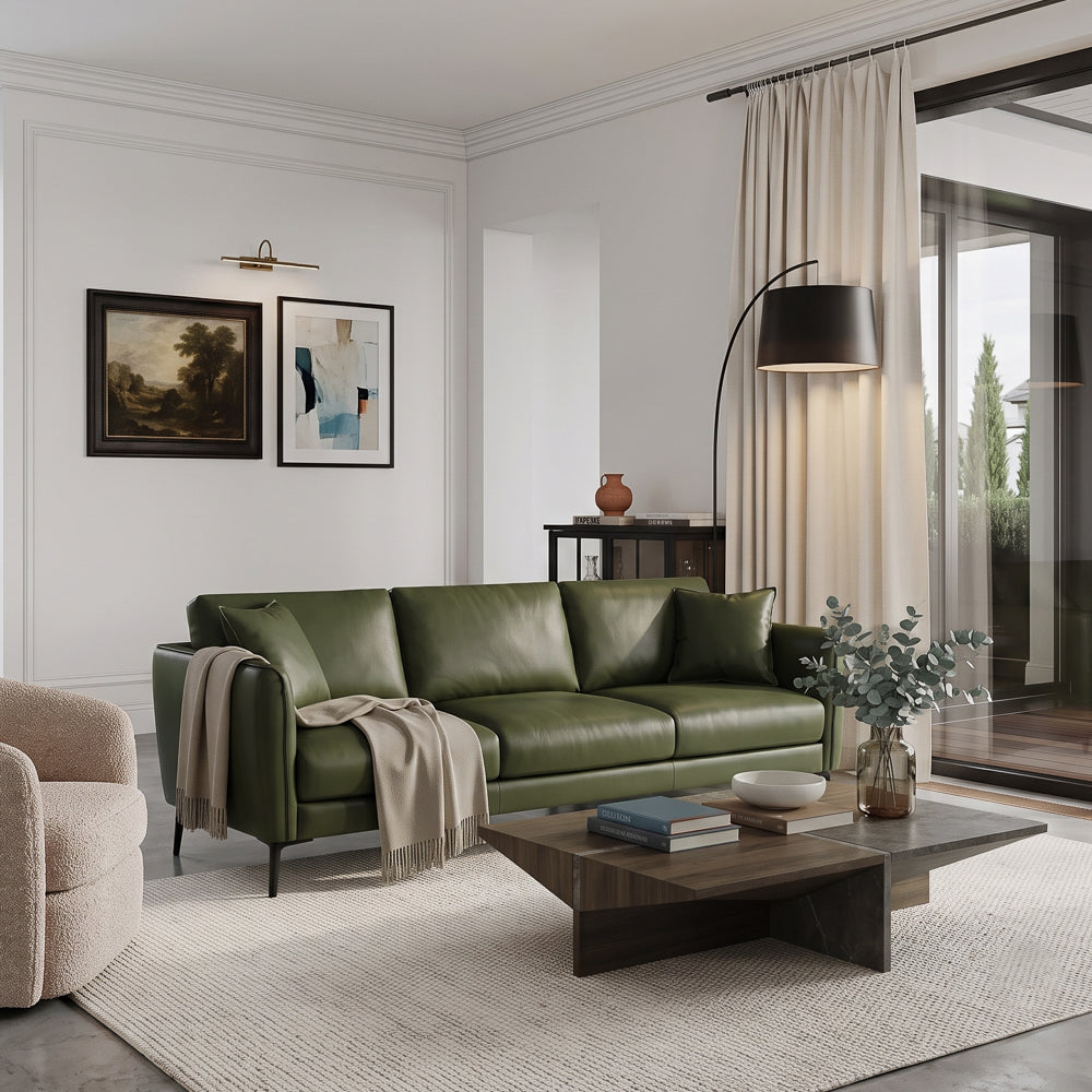 Brompton Mid-Century Modern Green Top-Grain Leather Sofa | MidinMod