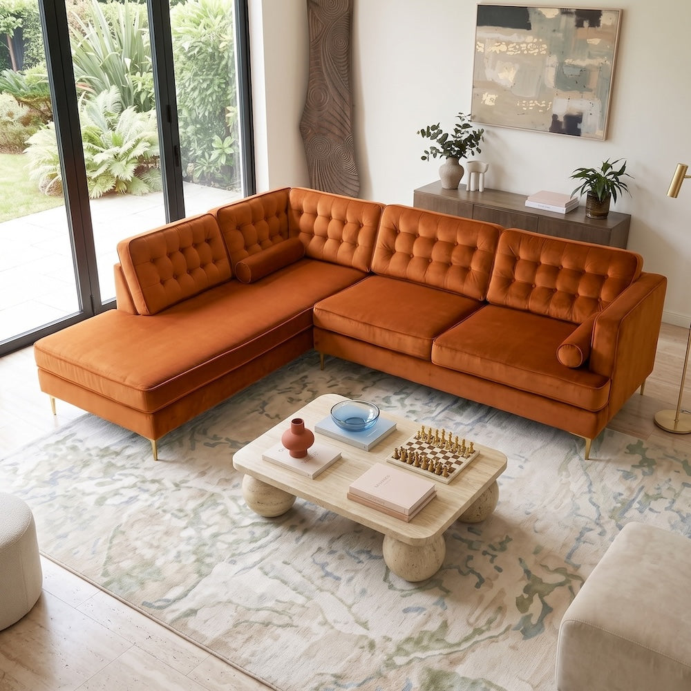 Caleb Burnt Orange Velvet 2-Piece Mid-Century Modern Sectional Sofa | MidinMod