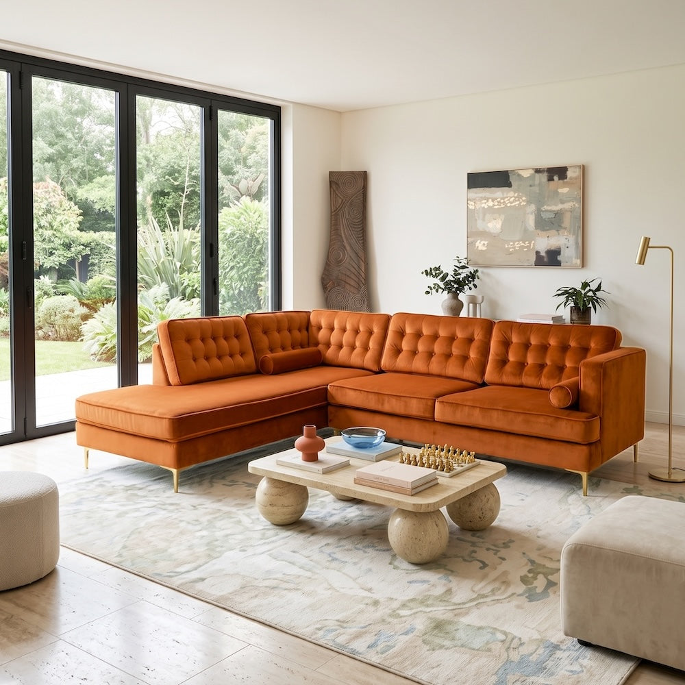 Caleb Burnt Orange Velvet 2-Piece Mid-Century Modern Sectional Sofa | MidinMod