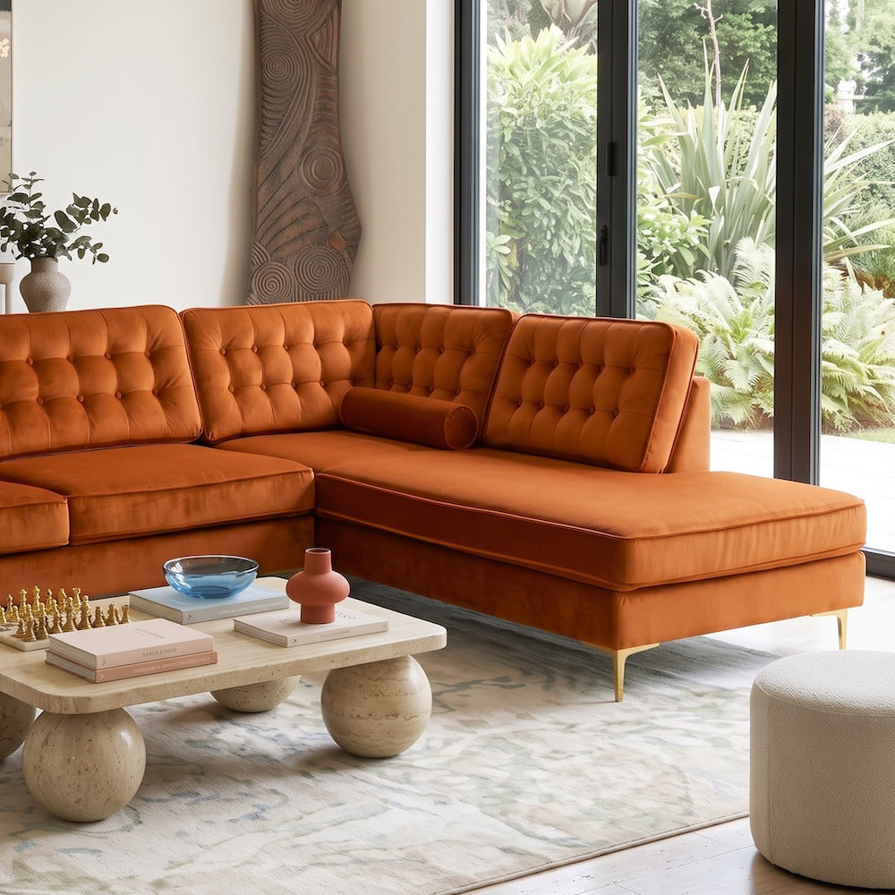 Caleb Burnt Orange Velvet 2-Piece Mid-Century Modern Sectional Sofa | MidinMod