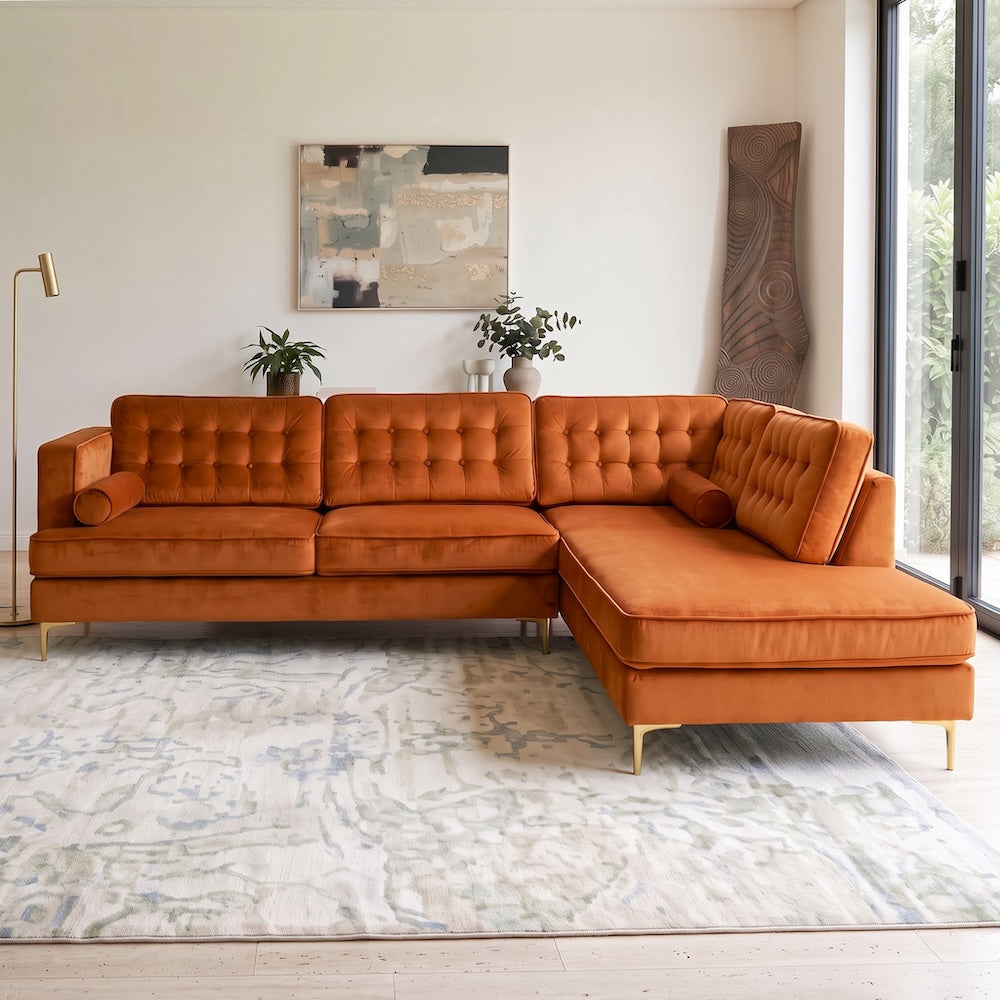 Caleb Burnt Orange Velvet 2-Piece Mid-Century Modern Sectional Sofa | MidinMod