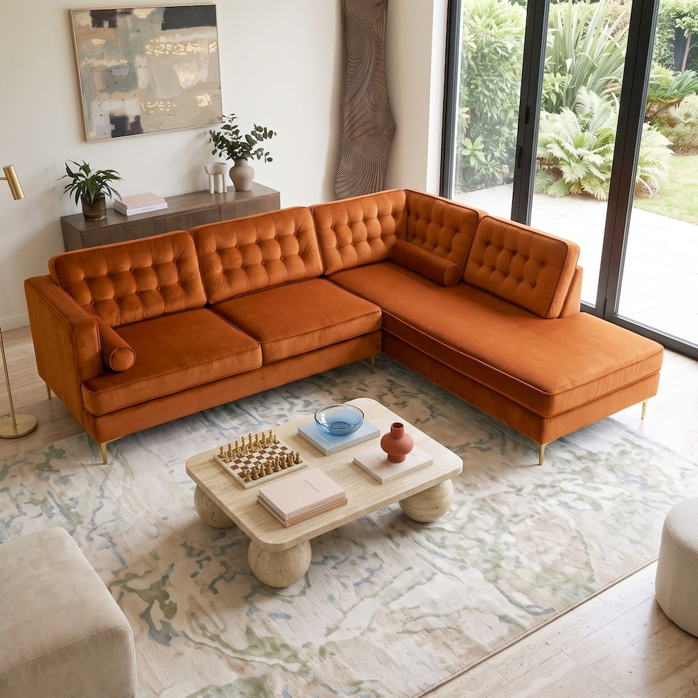 Caleb Burnt Orange Velvet 2-Piece Mid-Century Modern Sectional Sofa | MidinMod