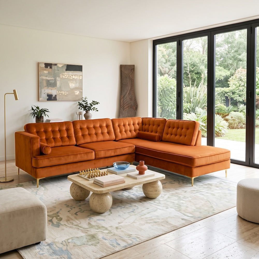 Caleb Burnt Orange Velvet 2-Piece Mid-Century Modern Sectional Sofa | MidinMod