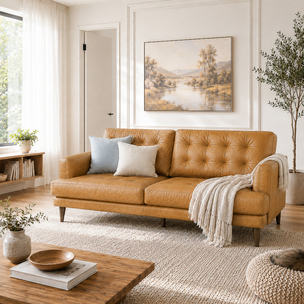 Candice Mid-Century Modern Tan Top-Grain Leather Sofa | MidinMod