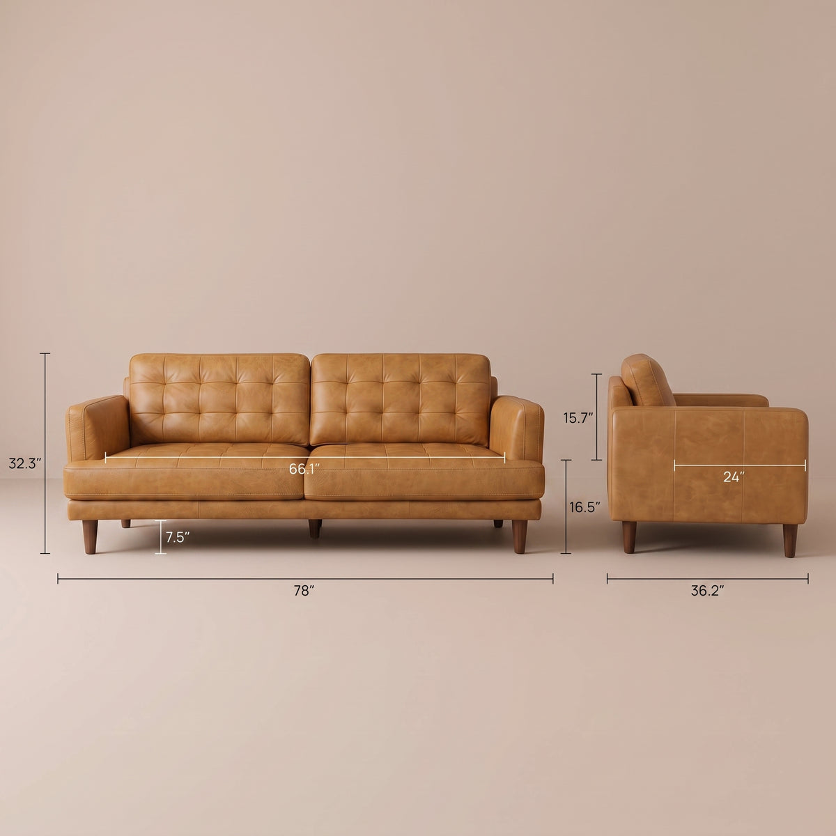 Candice Mid-Century Modern Tan Top-Grain Leather Sofa | MidinMod