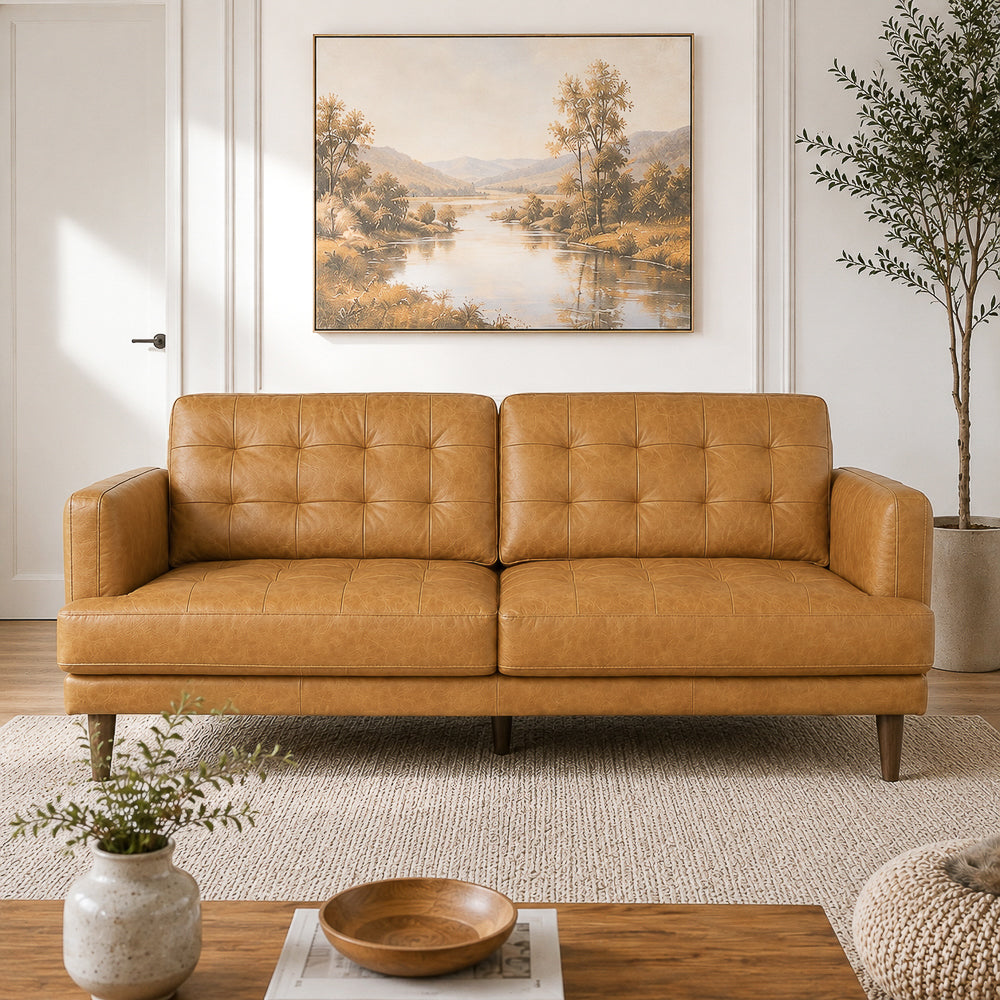 Candice Mid-Century Modern Tan Top-Grain Leather Sofa | MidinMod