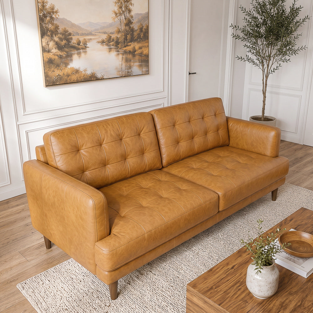 Candice Mid-Century Modern Tan Top-Grain Leather Sofa | MidinMod