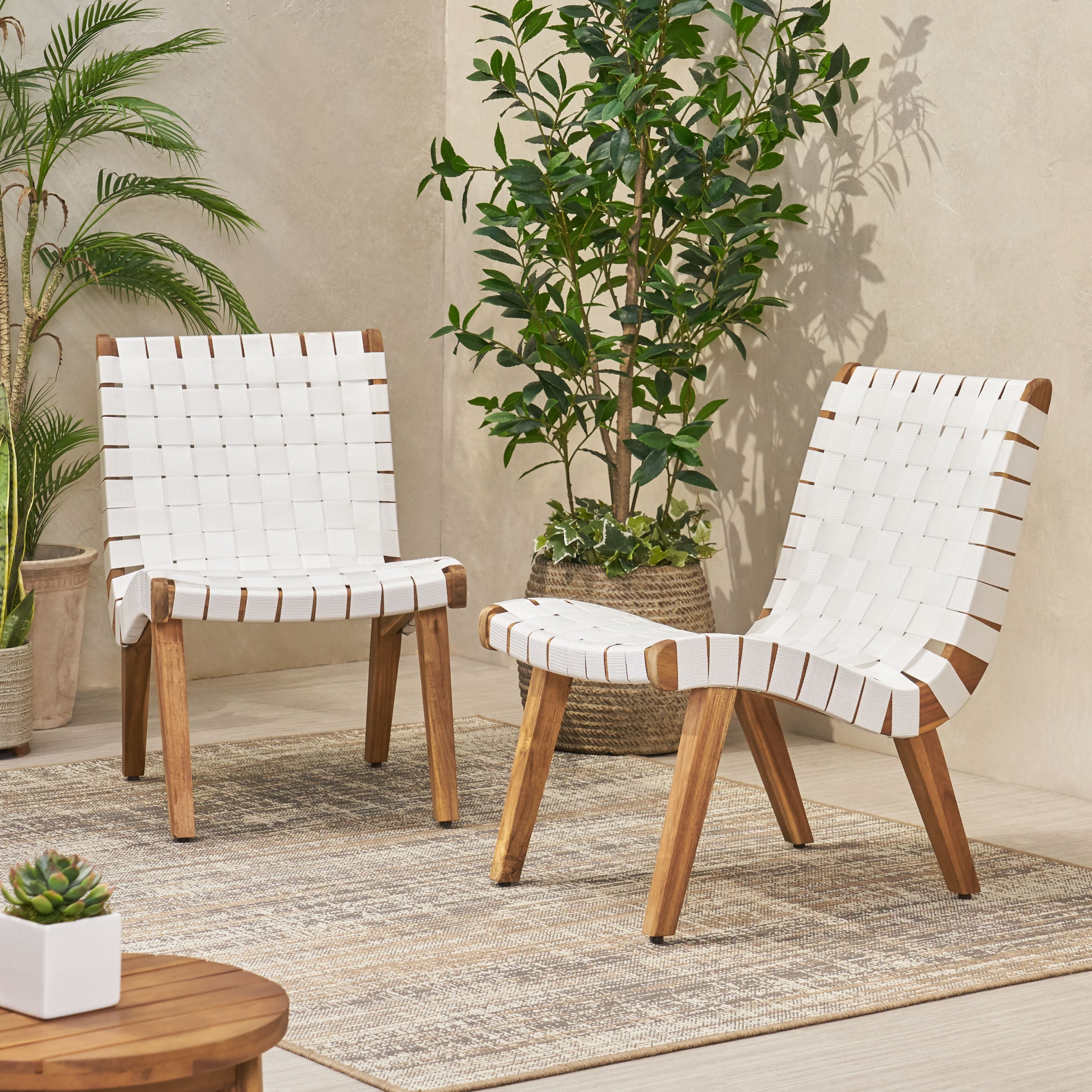Chablo White Acacia Wood Rope Weave Outdoor Lounge Chair Set (2 Pieces) - MidinMod