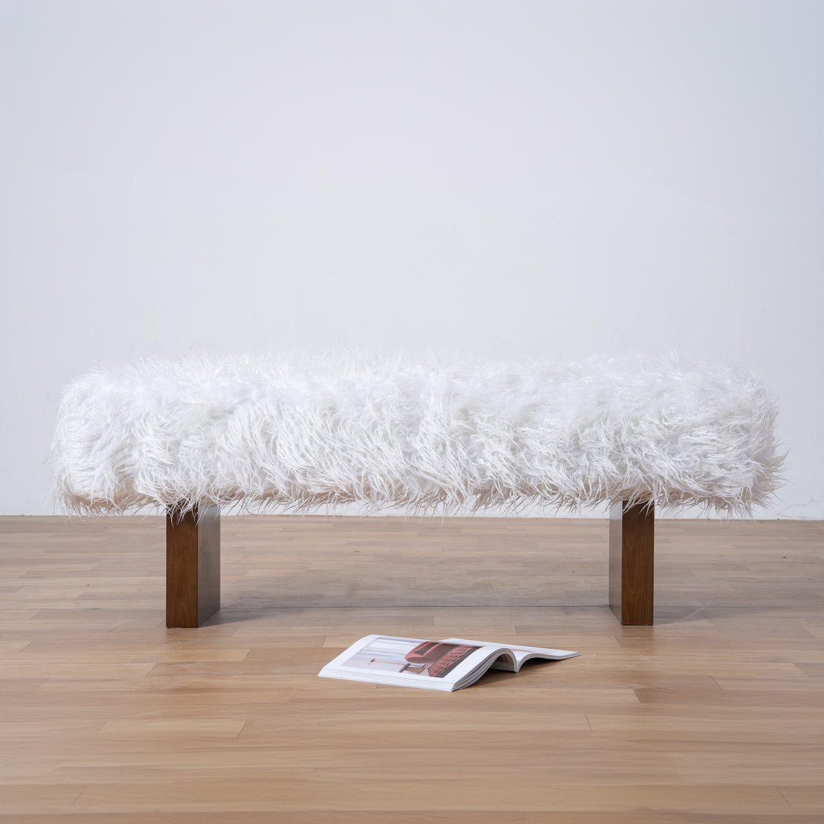 Chatham Japandi Style White Khaki Fur Bench | MidinMod