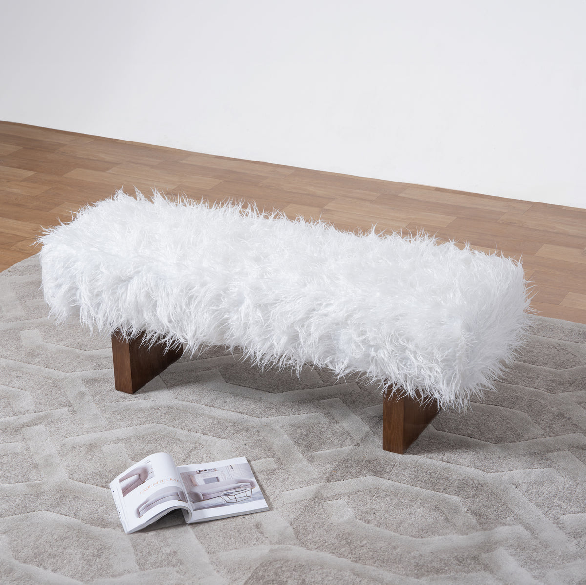 Chatham Japandi Style White Khaki Fur Bench | MidinMod