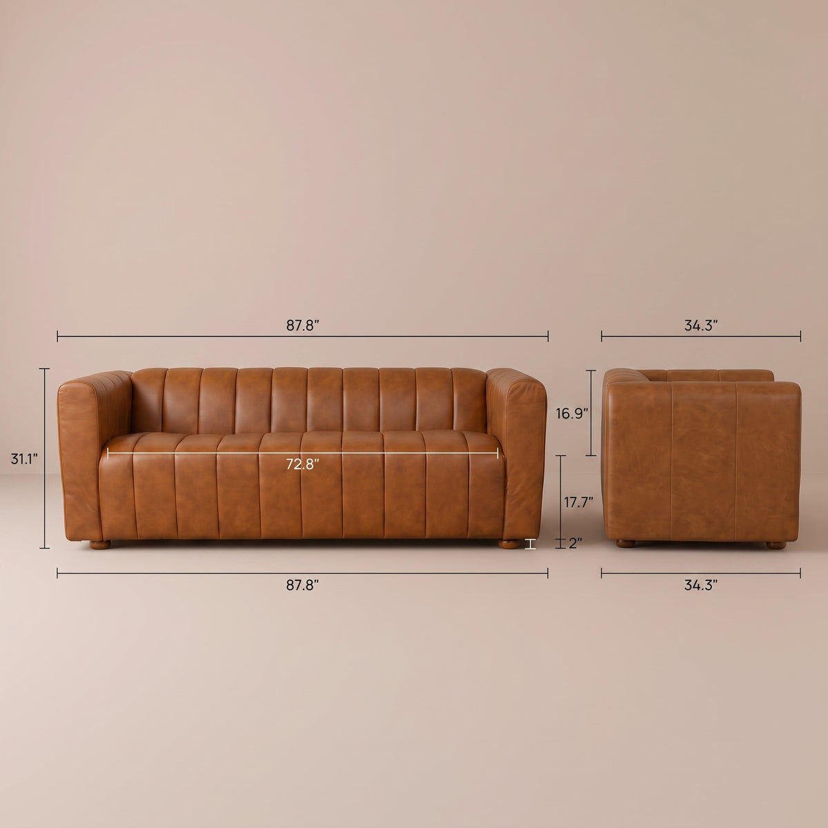 Dimensions of  the cognac leather sofa on a plain background, arms and seat channels visible