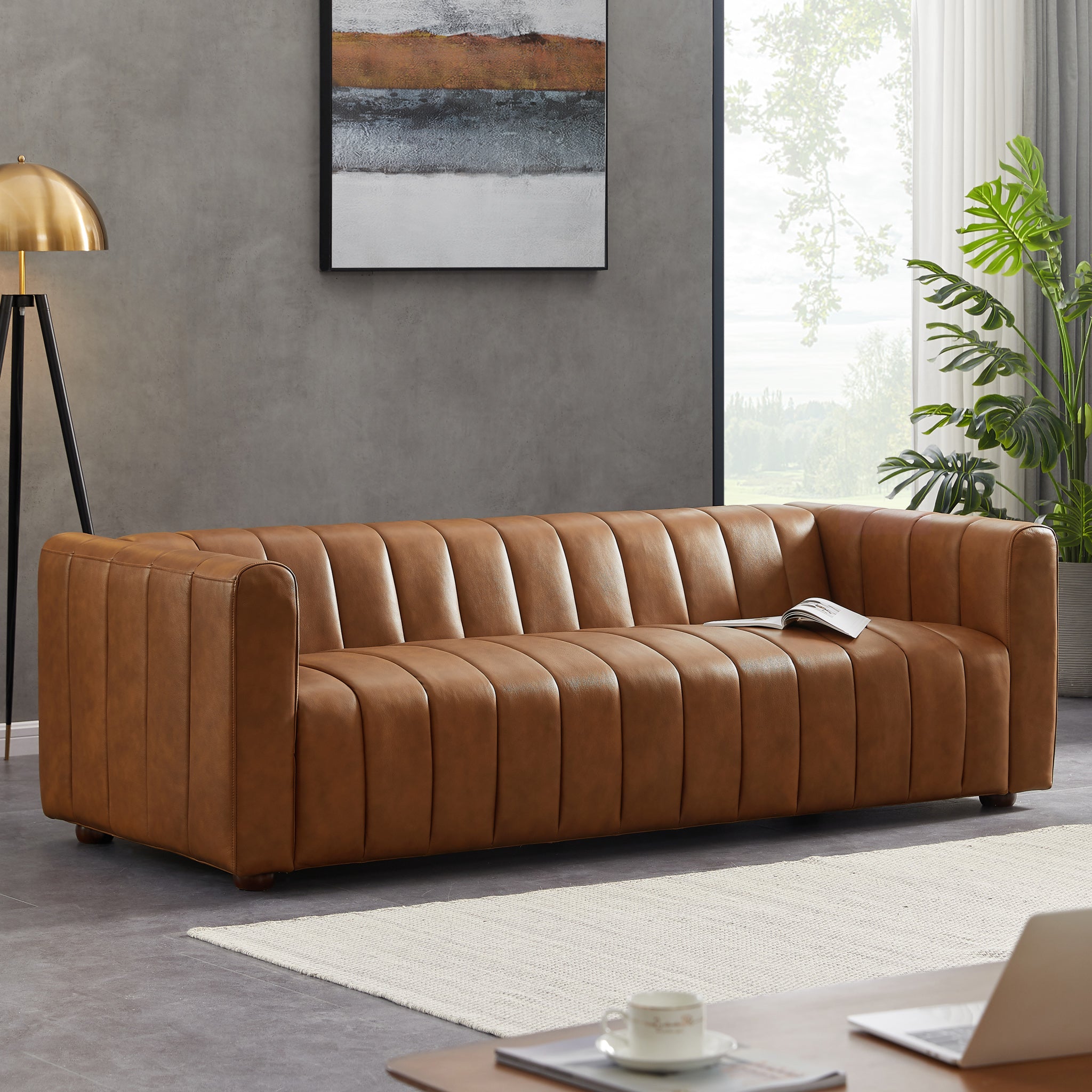 Clara Mid-Century Modern Cognac Top-Grain Leather Sofa | MidinMod
