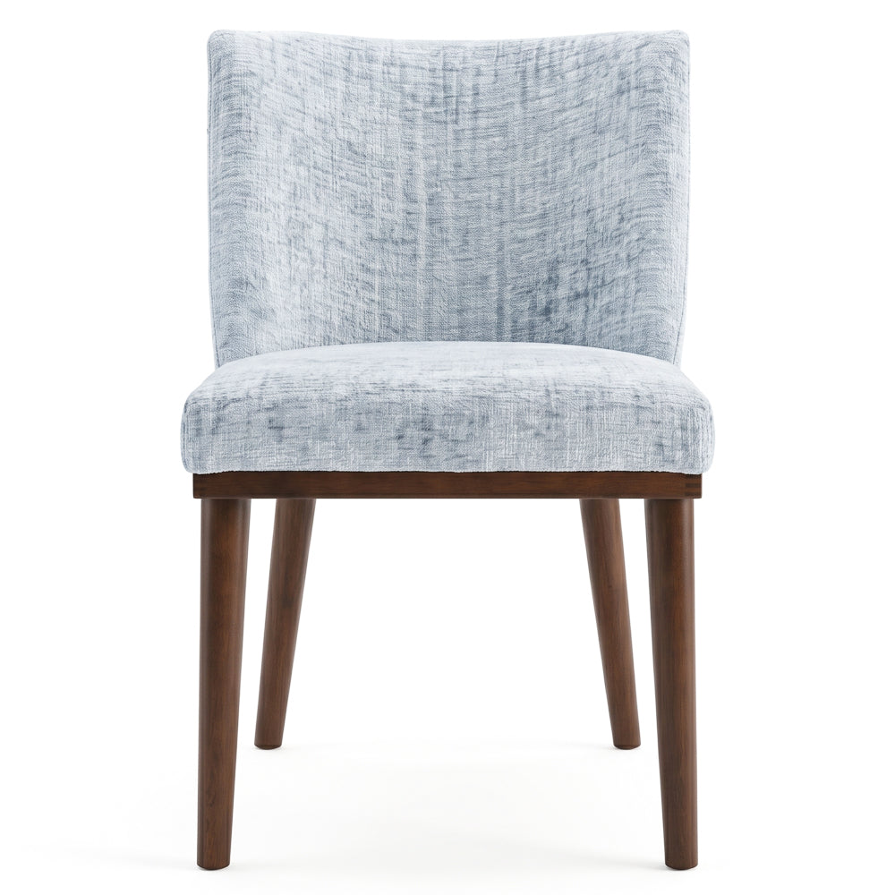 Straight-on front view of a grey dining chair with four tapered wooden legs