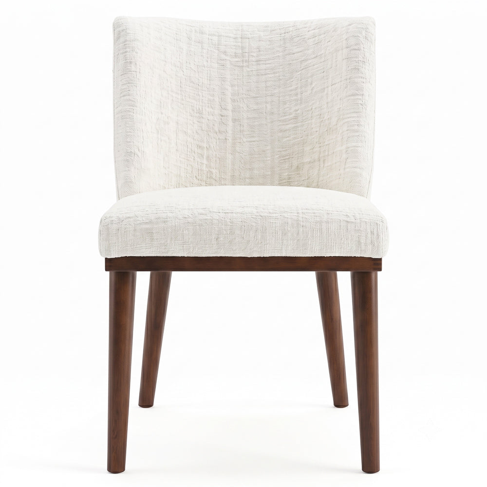 Straight-on front view of a single white dining chair on a plain white background