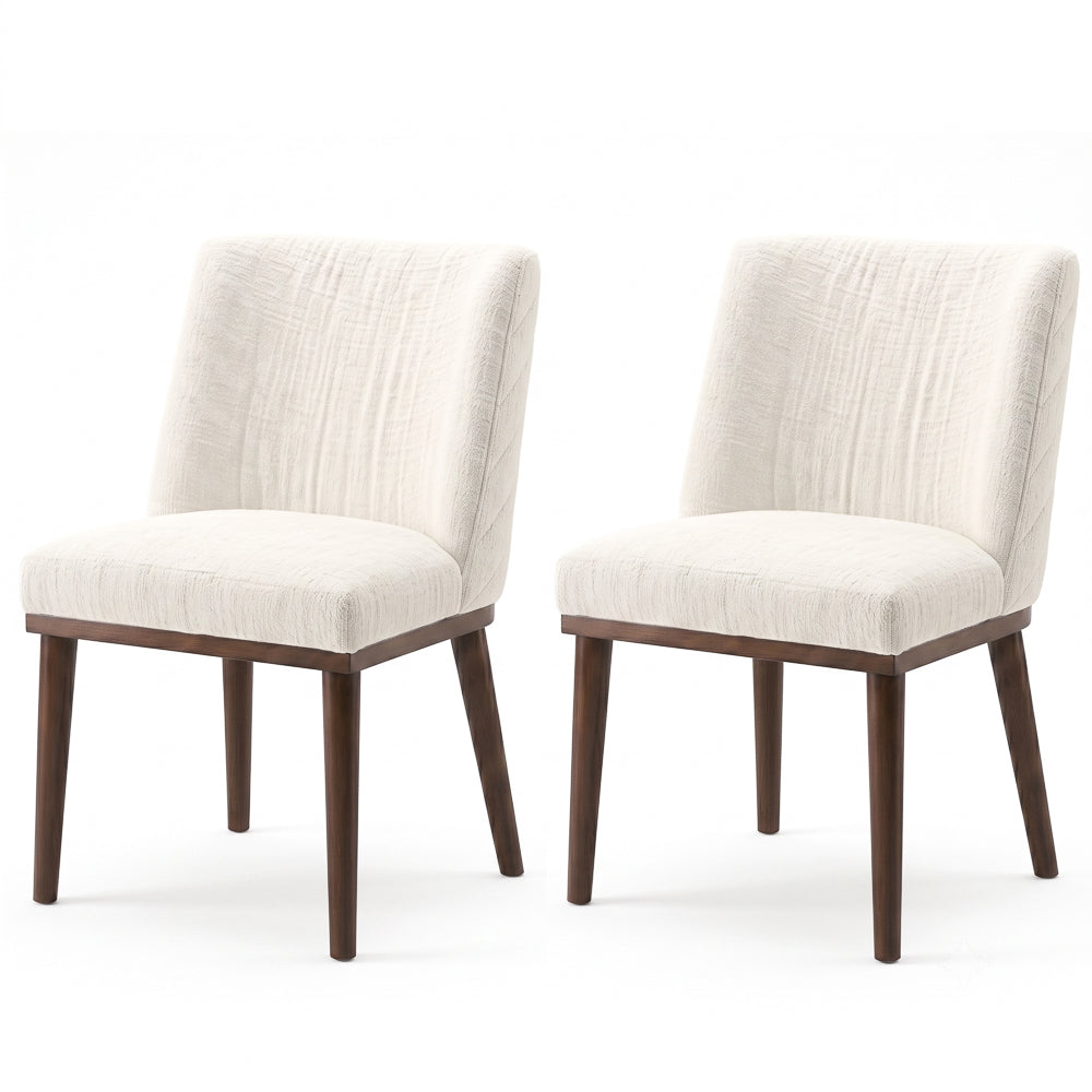 Set of 2 matching white dining chairs side by side on a white background