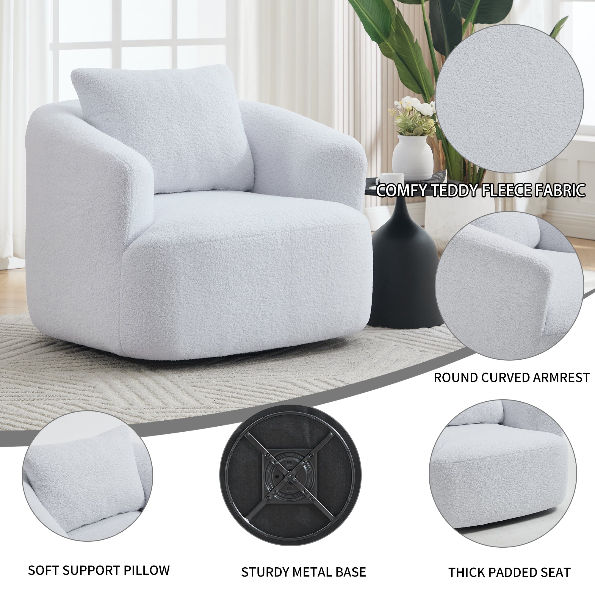Desna White 360° Swivel Round Sofa Chair with Rolled Arms and Pillow Back - MidinMod