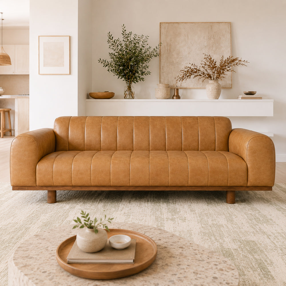 Eve Retro Modern Tan Top-Grain Leather Sofa | MidinMod