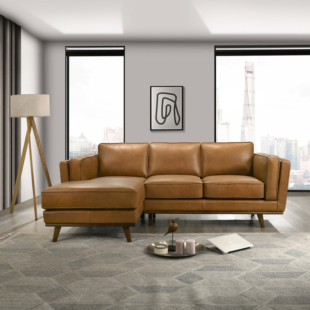 Ferre Genuine Tan Leather L-Shape Left-Facing Sectional Sofa | MidinMod