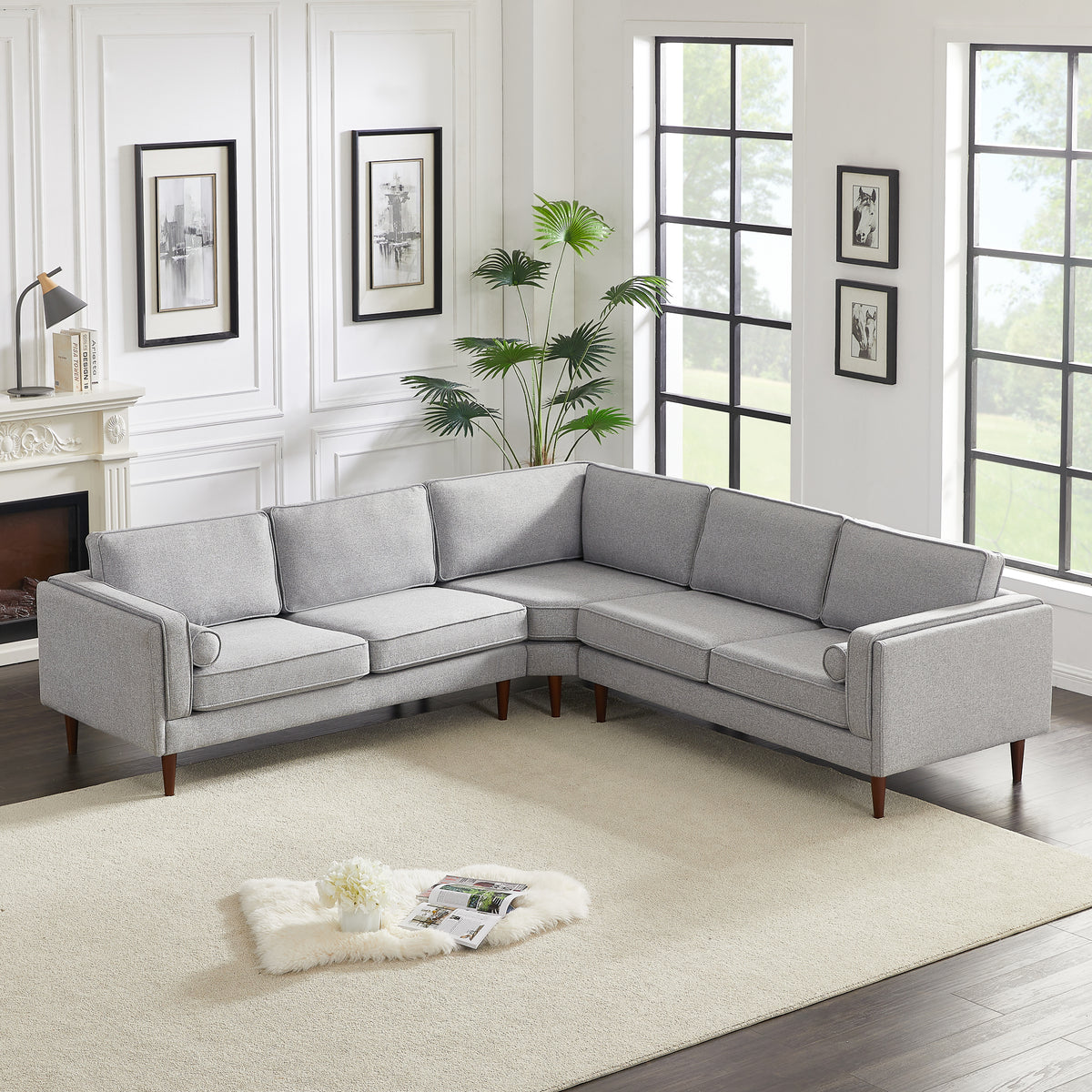 Fordham Mid-Century Modern Light Gray Fabric Symmetrical Corner Sofa | MidinMod