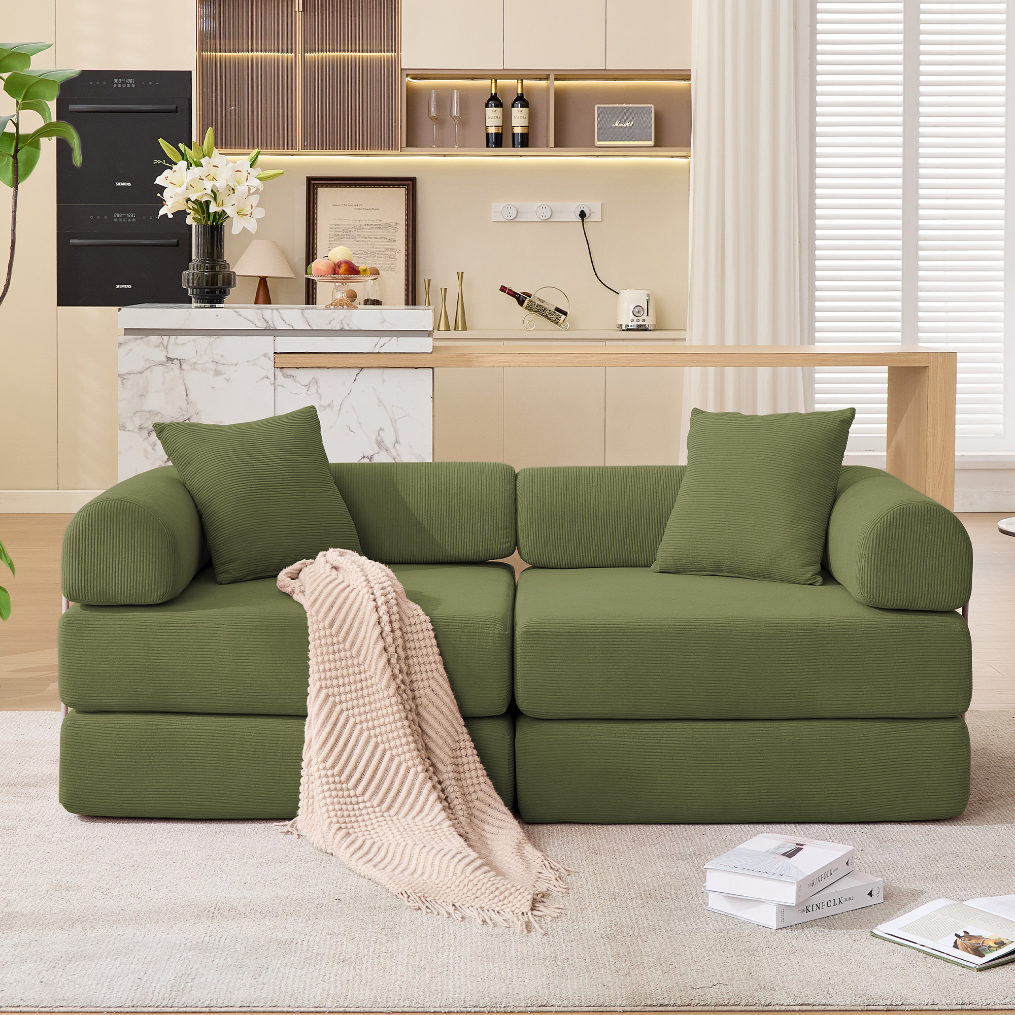 Gaged Modern Green Modular Folding 2-Seat Sofa with Rolled Arms - MidinMod