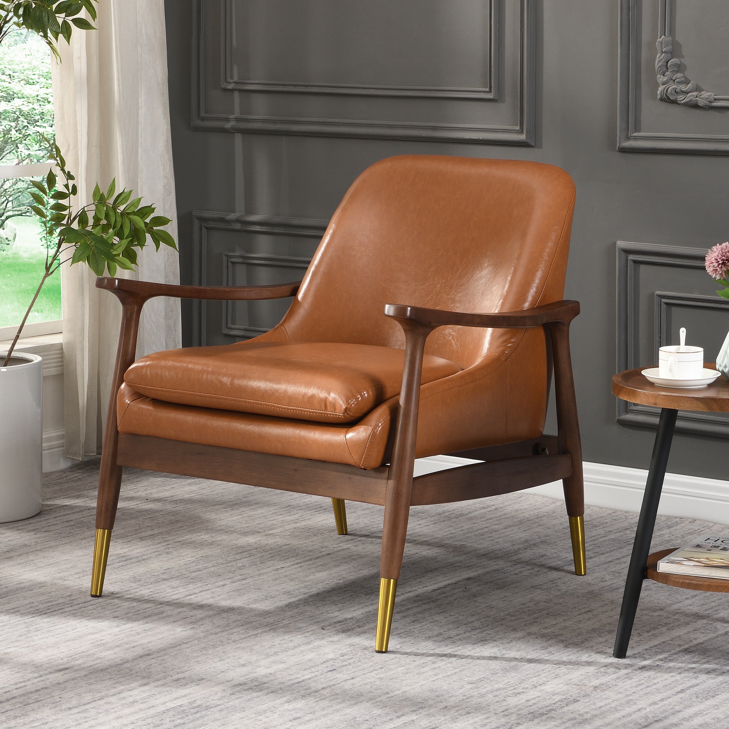 Hafi Brown PU Leather and Solid Wood Mid-Century Modern Accent Chair - MidinMod