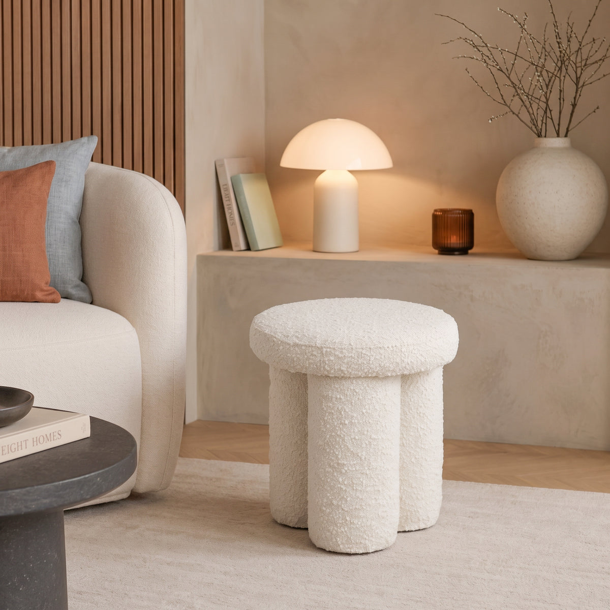 Hico Modern Japandi Boucle Stool – Minimalist Cylinder Ottoman | MidinMod