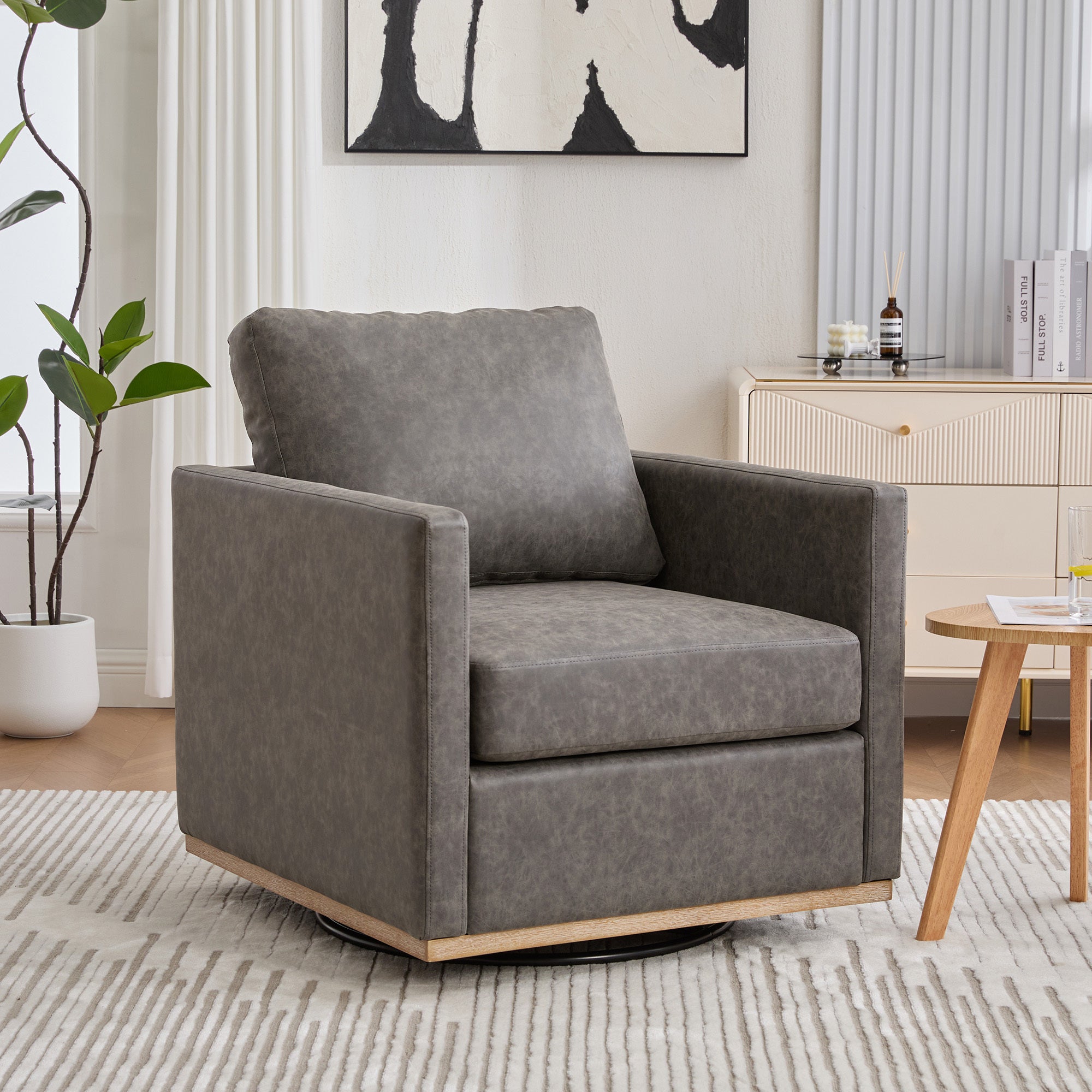 Hira Grey Vegan Leather Swivel Accent Chair with Weathered Wood Trim and Plush Cushion - MidinMod