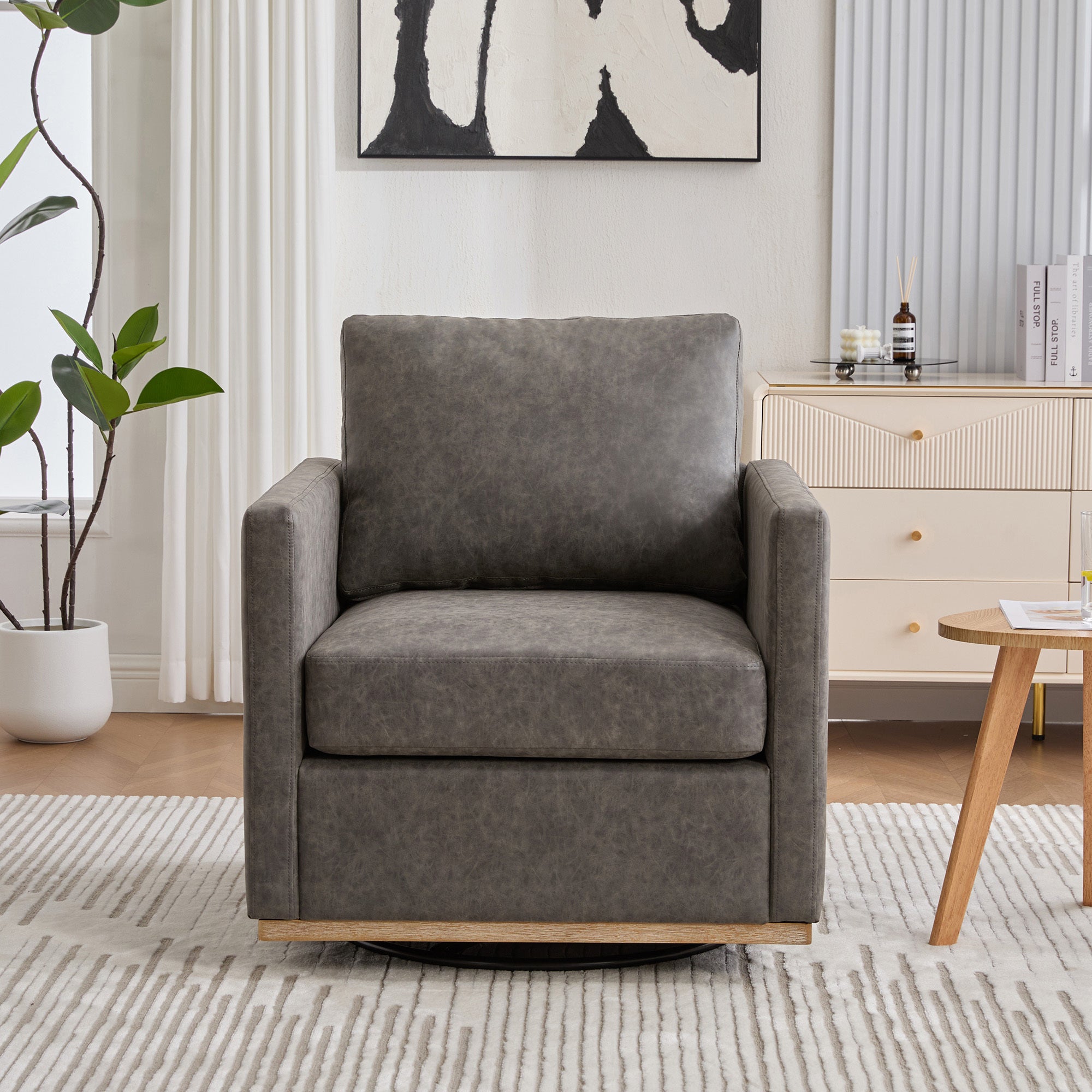 Hira Grey Vegan Leather Swivel Accent Chair with Weathered Wood Trim and Plush Cushion - MidinMod