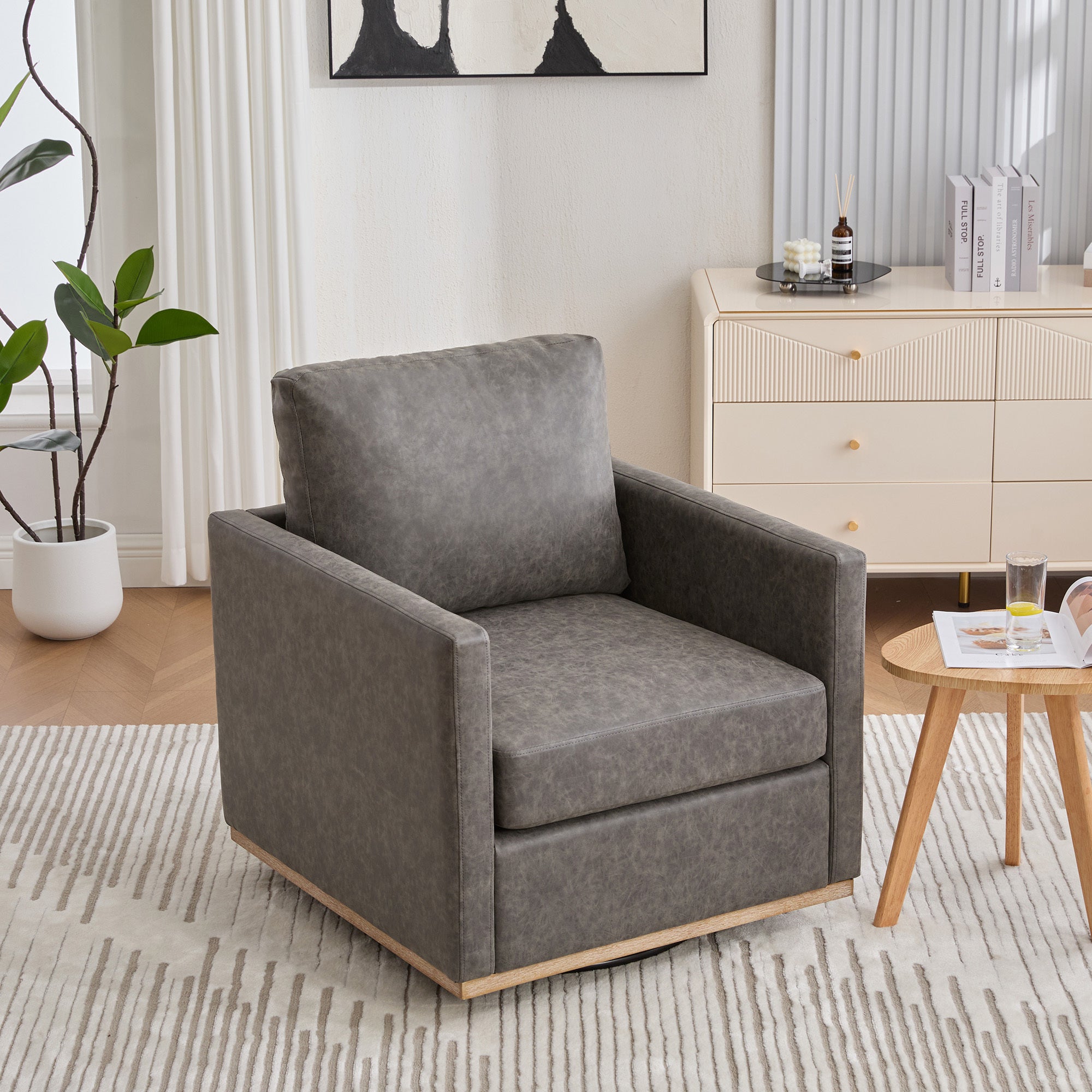 Hira Grey Vegan Leather Swivel Accent Chair with Weathered Wood Trim and Plush Cushion - MidinMod